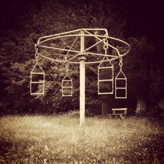 Ein Spielplatz aus den 60ern am Waldrand bei Velden. Verloren baumeln die Haltegriffe an dem Karussell. Foto: Thomas Geiger