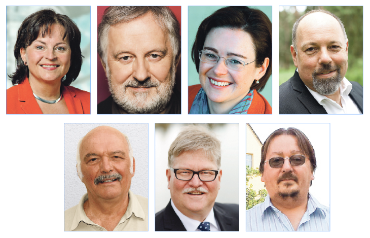 Die Direktkandidaten für den Bundestag im Wahlkreis Roth. Oben (von links): Marlene Mortler (CSU), Christian Nürnberger (SPD), Marina Schuster (FDP), Tom Aurnhammer (Grüne), unten (von links): Helmut Johach (Linke), Hartwig Kohl (Freie Wähler) und Michael Ceglar (Piraten).
