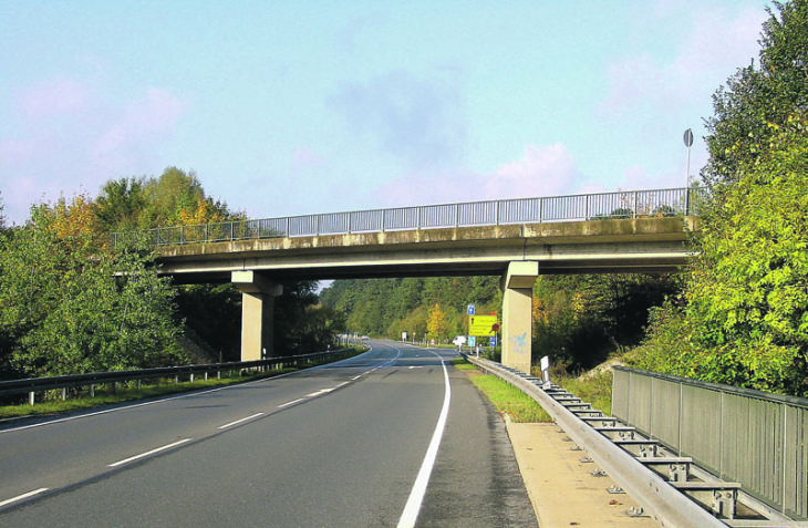 Die beiden Pfeiler der Brücke über die B 14 am Laufer Bräunleinsknoten (westliches Ortsende) werden ab Montag saniert. Aus Richtung Rückersdorf kann deshalb hier vier Wochen lang nicht mehr nach Lauf abgebogen werden. 	Foto: Privat