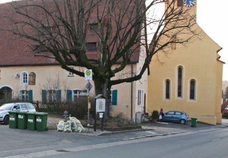 Das Bild vom Dorfplatz mit der Linde und der Schulbushaltestelle zeigt die derzeitige Situation und Problematik rund um die Schulbushaltestelle. Mit ihrem Brief an die Gemeinde möchten die Grundschüler eine Verbesserung erreichen. Foto: D. Haas