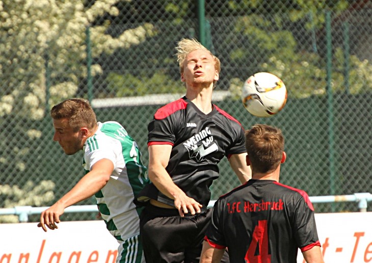 Alles Strecken nach dem Ball nützt nichts, sowohl der Laufer (links) wie auch der Hersbrucker Philipp Bauerfeld springen an einem weiten Abschlag des SK-Keepers vorbei.
Foto:  J. Ruppert