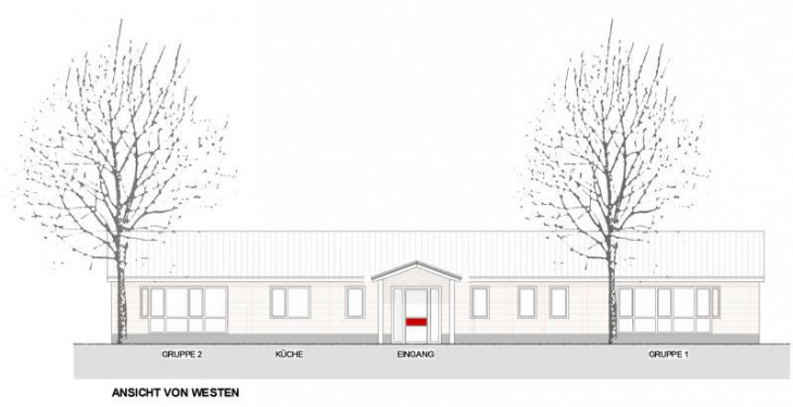„Stimmiges Konzept“: Mit seinen 290 Quadratmetern soll der Erweiterungsbau zum Kirchensittenbacher Hort (hier die Ansicht von Westen) in zwei Gruppenräumen Platz für 50 Kinder bieten. Repro: Atelier 13