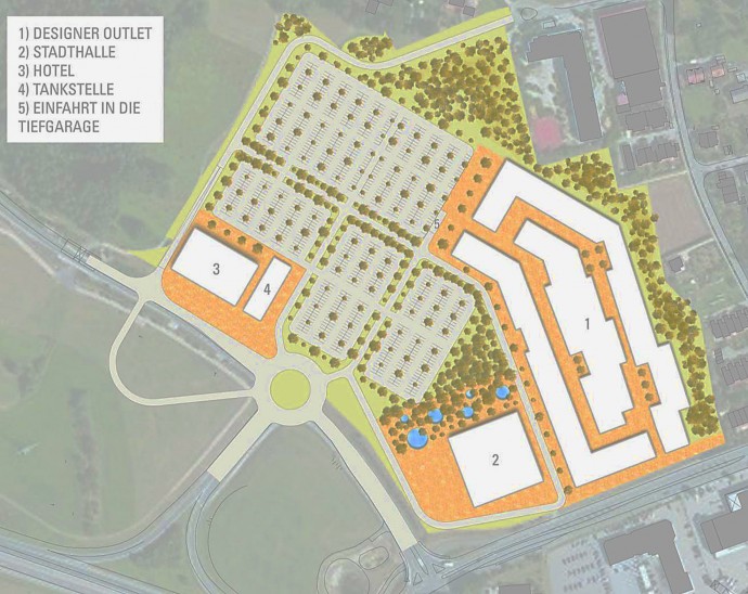 Architekt Martin Pöllots Plan für Outlet, Hotel und Stadthalle: Unten die Nürnberger Straße, rechts die Schulstraße, links unten ein Kreisverkehr, über den der Verkehr von der Autobahn zugeleitet wird. Grafik: Pöllot Architekten