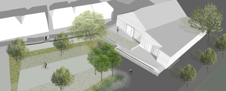 Der neue Eingang des Kulturtreffs liegt an der dem Parkplatz Baudergraben zugewandten Seite des Gebäudes, er ist über eine Rampe zu erreichen. Neben dem Eingang ist eine Leseterrasse vorgesehen. Die Gestaltung des gesamten Umfelds der alten Stadthalle kostet rund 650.000 Euro. Graphik: Lorenz Landschaftsarchitekten