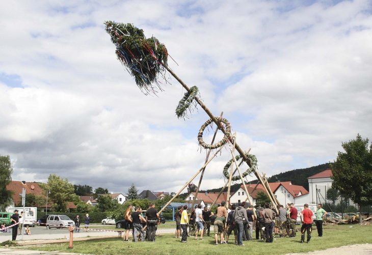 Die erste Hürde ist genommen: Der 35 Meter lange Baum war nach etwa einer Stunde bereits in Schräglage.