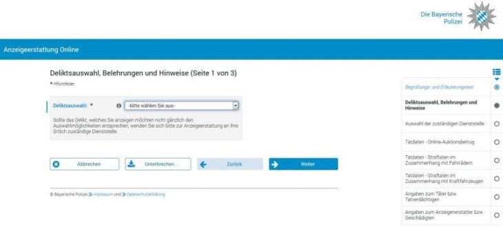 Auf verschiedenen, nacheinander folgenden Seiten muss der Anzeigenerstatter diverse Masken mit genauen Informationen zum Delikt ausfüllen.