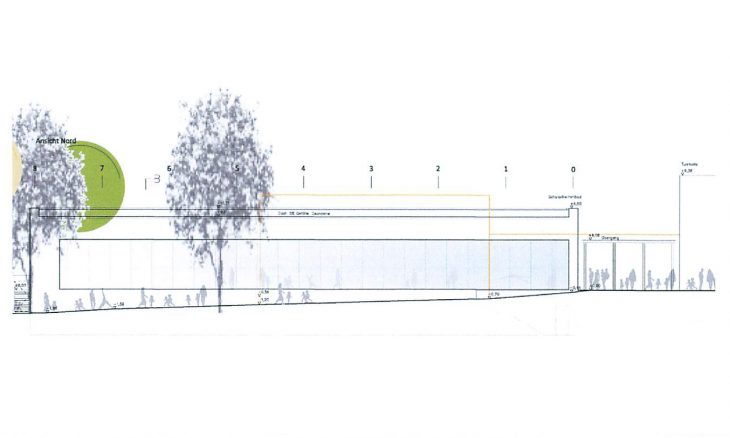 Blick auf die Nordseite des geplanten Röthenbacher Schulschwimmbads, also jene Seite, die hin zu den Sportplätzen von Gymnasium und Mittelschule zeigt. Rechts lässt sich noch die bestehende Turnhalle erahnen, mit der das Gebäude über einen Gang verbunden werden soll.
