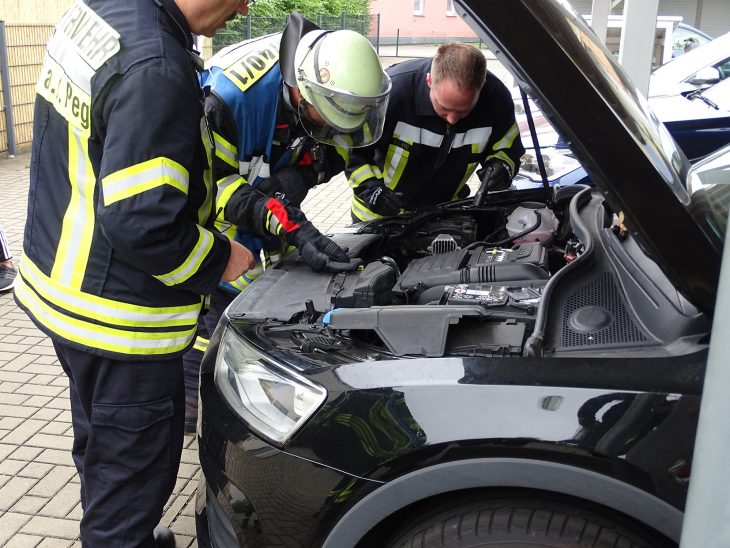 Die Feuerwehr zerschnitt den Keilriemen des Autos, um das Tier zu befreien.
