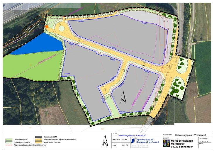 Die Skizze zeigt die aktuellen Planungen. Oberhalb des 5,3 Hektar großen Gewerbegebiets (nicht im Bild) verläuft die A 9, rechts führt die Staatsstraße 2404 in Richtung Hormersdorf.