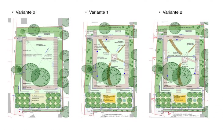Drei Varianten, eine Lösung: Die Mehrheit der Versammlungsteilnehmer entschied sich für die abgespeckte Variante 1 (Mitte) ohne Blumenbeete, Rutsche und zentralen Pavillon.