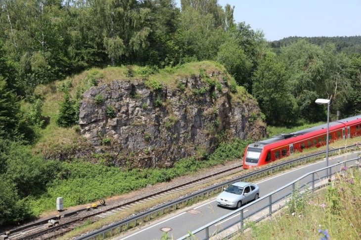 Die Felskuppe an der Bahnlinie in Neuhaus soll im Zuge der Fels- und Hangsicherungen im Pegnitztal übernetzt werden.