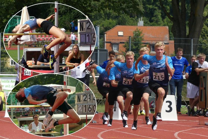 Für Sven Buchwald (unten links) war im Hochsprung bei 1,60m Schluss, seine Schwester Sina (oben links) übersprang diese Höhe noch. Lennart von Haßelt (rechts) legte eine neue persönliche Bestzeit hin.