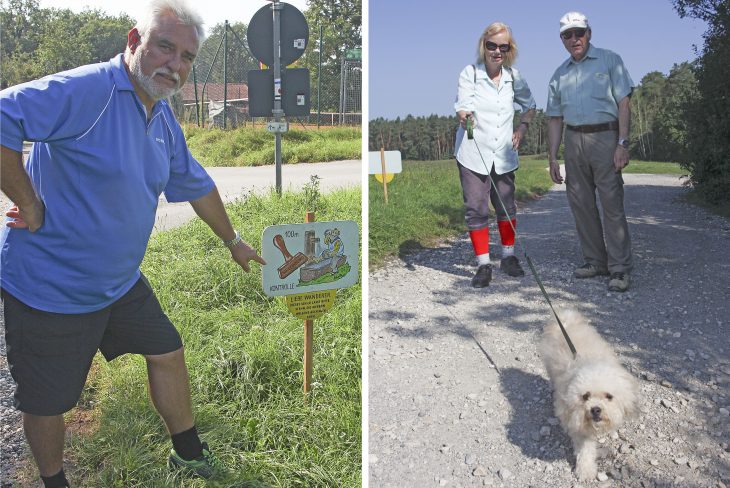 Horst Ring, Chef der Leinburger Wanderfreunde, freut sich immer, wenn Wanderer die Beschilderung der Routen loben – so wie Cornelia und Hans Broska aus Postbauer-Heng (r.). Mit ihem kleinen Hund bewältigte das Ehepaar die Zehn-Kilometer-Strecke.