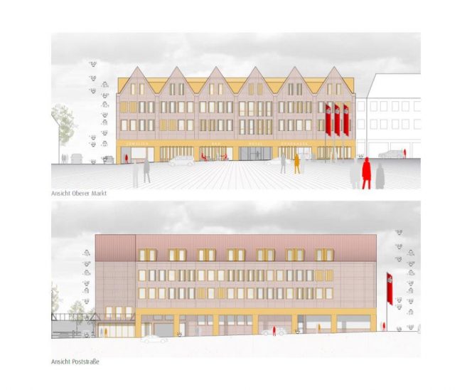 So sehen die Pläne für die Außenansichten aus: In die Giebel zum Marktplatz hin werden Fenster eingebaut; der Schmuckladen kann ans linke Eck ziehen, die Sparkasse wird rechts im Erdgeschoss untergebracht. In der Poststraße entstehen im Dach Gauben.