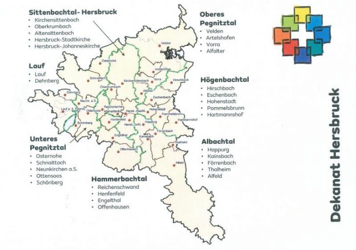 Das Dekanat erstreckt sich von Alfeld bis Schnaittach, von Lauf bis Hartmannshof und von Schönberg bis Neuhaus.