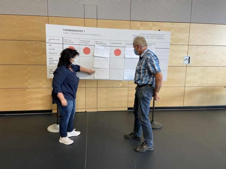 Bettina Hechtel, Kreisbäuerin aus Fürth (links), und der Ellenbacher Landwirt Gerhard Walter (rechts) sind angeregt bei der Themenarbeit.