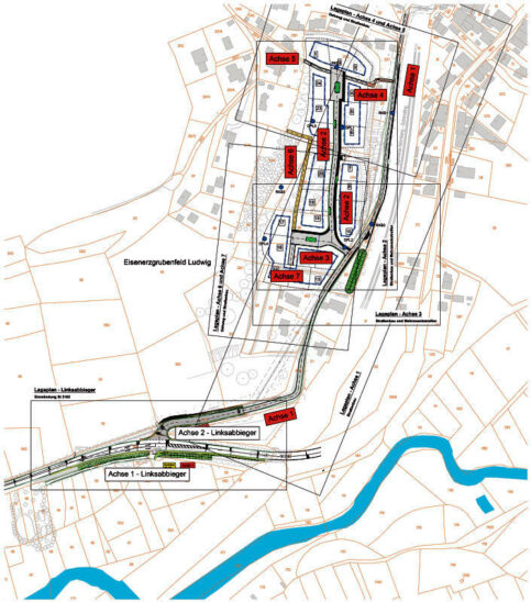 So sieht der Bebauungsplan Sandbühl aus: „Achse 1“ zeigt die Linksabbiegespur von der Staatsstraße 2162; „Achse 4“ den Fußweg über den Sandbühlweg Richtung Stöppacher Straße und „Achse 5“ Fußweg/Anbindung an die Birgstraße.
