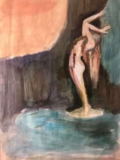 Die Nymphe erinnert an mythologische Darstellungen und erscheint zwischen farbigen Blöcken doch ganz zeitgemäß.