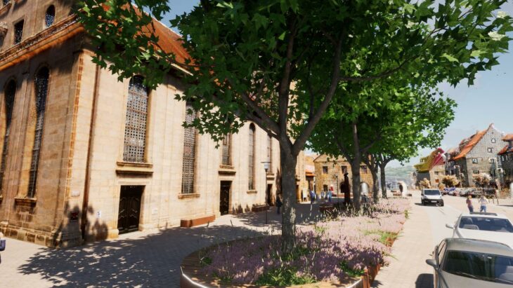 Zwei größere Bäume außen, zwei etwas kleinere im Zentrum: So stellt sich der Stadtrat den Platz vor der Laurentiuskirche vor.