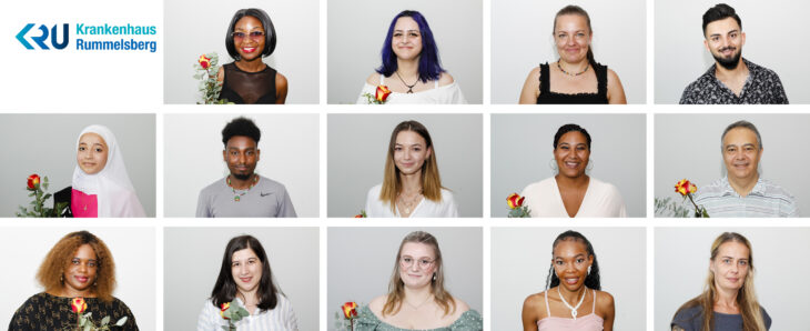 Damit auch im dritten Jahr der Pandemie Abstände eingehalten und auf Masken verzichtet werden konnte, wurde jeder einzeln fotografiert. Das gemeinsame Mosaik zeigt die Absolventen des Jahrgangs 2021/2022 der Krankenpflegehilfeschule am Krankenhaus Rummelsberg. Eine Person fehlte bei den Fotoaufnahmen
