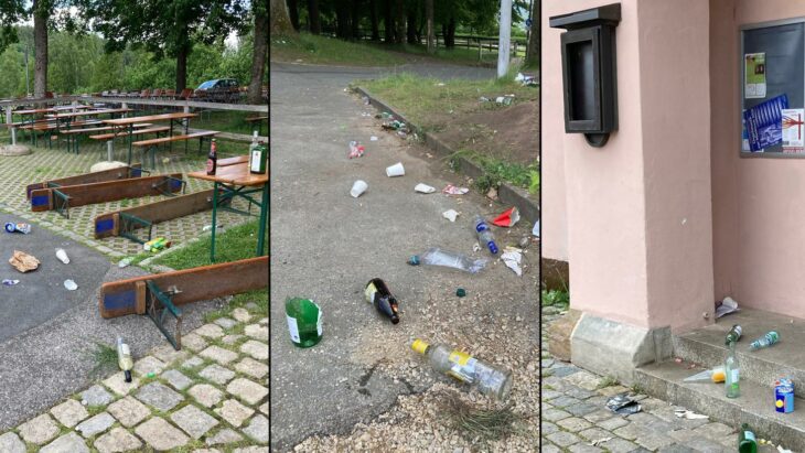 So sah es am Morgen nach dem Vatertag in diesem Jahr vor dem Portal der Kapelle auf dem Laufer Kunigundenberg und in der Umgebung aus: Flaschen, Scherben, Müll und ein herausgerissener Absperrpfosten zeugen von exzessiven Feiern.