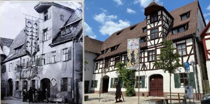 LINKS: Die Hirtenfahne ist gehisst und zeigt, dass man sich auf den Empfang der Gäste des Hirtentreffens vorbereitet hat. Rechts: Das Hirtenmuseum heute. (Foto: Archiv Deutsches Hirtenmuseum (l.) und E. Kotzott)