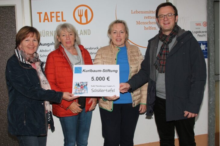 Heidi Sponsel, Vorstandsmitglied der Kurlbaum-Stiftung, Brigitte Engerer und Jutta Künzel von der Schülertafel, sowie Achim Stötzner, Vorsitzender der Kurlbaum-Stiftung bei der Scheckübergabe (von links).