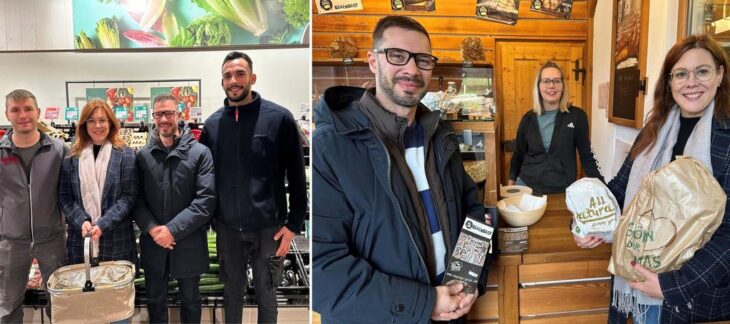 Sie sorgen für das gesunde Frühstück: Tobias Fliege (Mitarbeiter Rewe), Astrid Huber (Leitung Kinderkrippe Ostbahn), Stefan Amann (Elternbeiratsvorsitzender), Semih Polat (Mitarbeiter Rewe, links v. links) sowie Stefan Amann, Anja Bär und Astrid Huber (v. links).