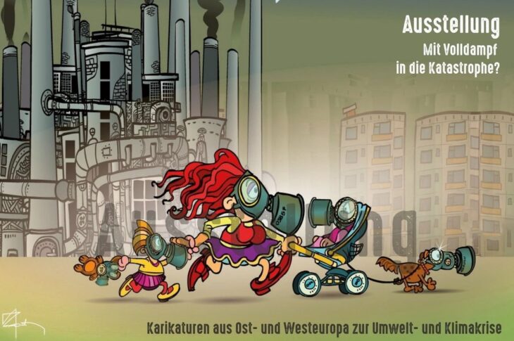 Die in der Stadtbücherei ausgestellten Karikaturen befassen sich auf humorvolle Weise mit einem ernsten Thema: 18 Künstler aus ganz Europa haben sich mit der Umwelt- und Klimakrise und ihren Ursachen befasst.