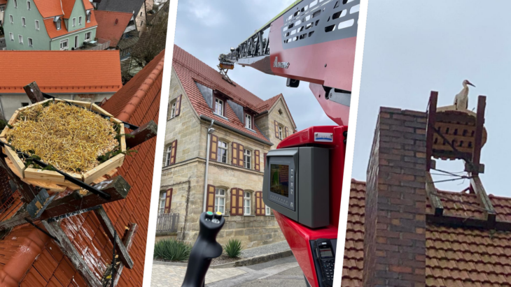 Mit ihrer Drehleiter rückte die Hersbrucker Feuerwehr an, um in Hohenstadt einem Storch das Nest neu zu machen.