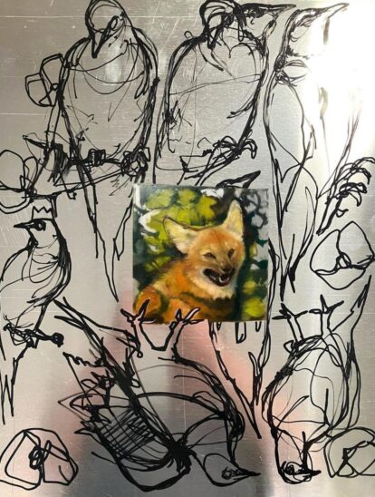 „Wandertauben und ein Mähnenwolf“, der Titel des Werkes (Öl auf Aluminium).