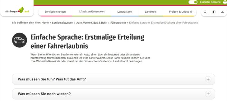 Bei den Seiten, für die eine Übersetzung in Einfache Sprache zur Verfügung steht, erscheint oben rechts ein Button. Man kann die Übersetzung dann durch einfaches Klicken aktivieren oder deaktivieren.