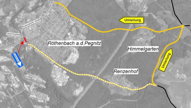 Wegen der Sanierungsarbeiten an der Geh- und Radwegbrückeüber die Grünthalstraße in Röthenbach, erfolgt seit 12. August eine Umleitung. Die Grünthalstraße bleibt bis auf wenige Tage einspurig.