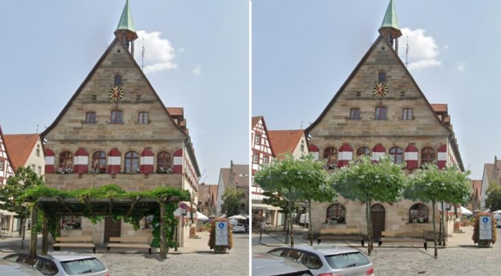 Noch keine fertigen Entwürfe, nur Gedankenspiele: Vor dem Alten Rathaus soll eine Freifläche mit Sitzplätzen entstehen – und vielleicht kommt irgendwann eine Pergola (links) oder Bäume (rechts) hinzu.