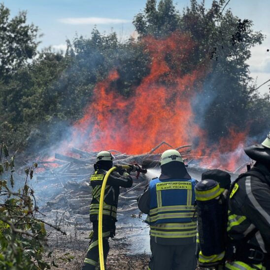 Aus noch ungeklärter Ursache war eine größere Menge gelagerten Holzes in Brand geraten, das Feuer griff auf benachbarte Flächen über.