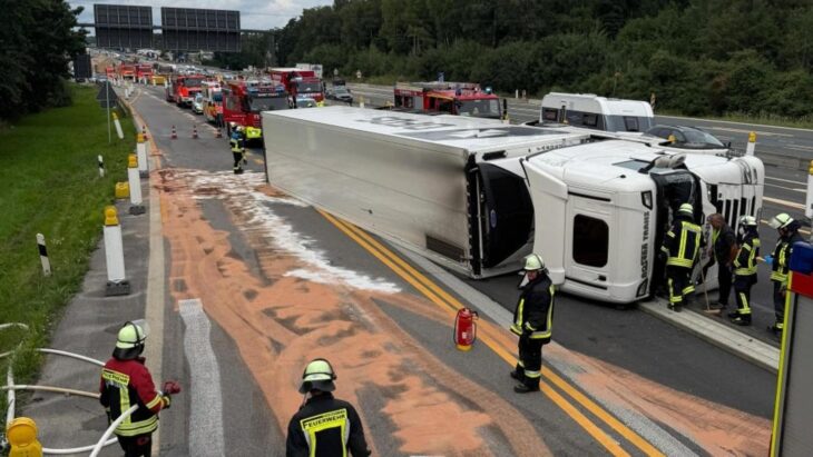 Am Samstagnachmittag kippte ein mit Schweinehälften beladener Lkw bei der Abfahrt von der A9 in Richtung München kurz nach der Raststätte Nürnberg-Feucht um.