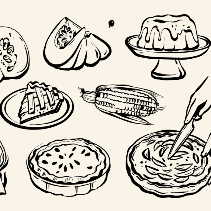 autumn-traditional-food-icon-thanksgiving-day-holiday-table-hand-drawn-doodle-line-illustration-set-harvest-fall-pumpkin-celebration-turkey-dessert-pie-november-eatery-design-element-autumn-food