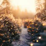 Auf dem Foto sind mit Lichtern geschmückte Weihnachtsbäume im Schnee zu sehen.