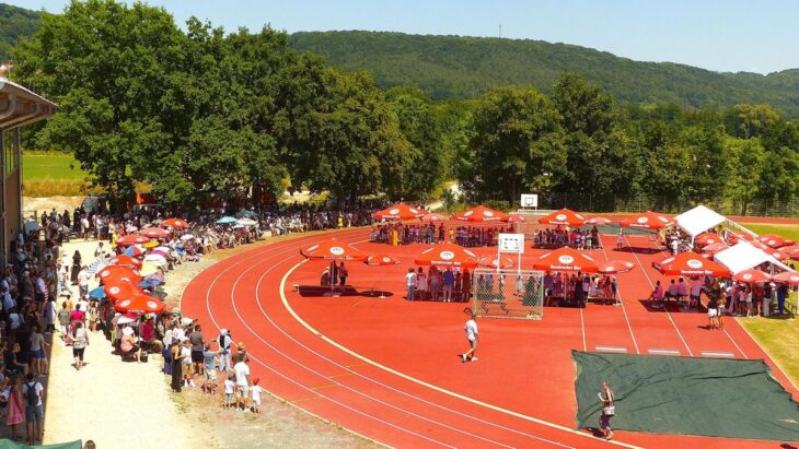 Die Kunststoffbahn im Hersbrucker Sportzentrum war heuer wegen der Hitze ausnahmsweise Schauplatz des Kinderfestes der Grete-Schickedanz-Grundschule.