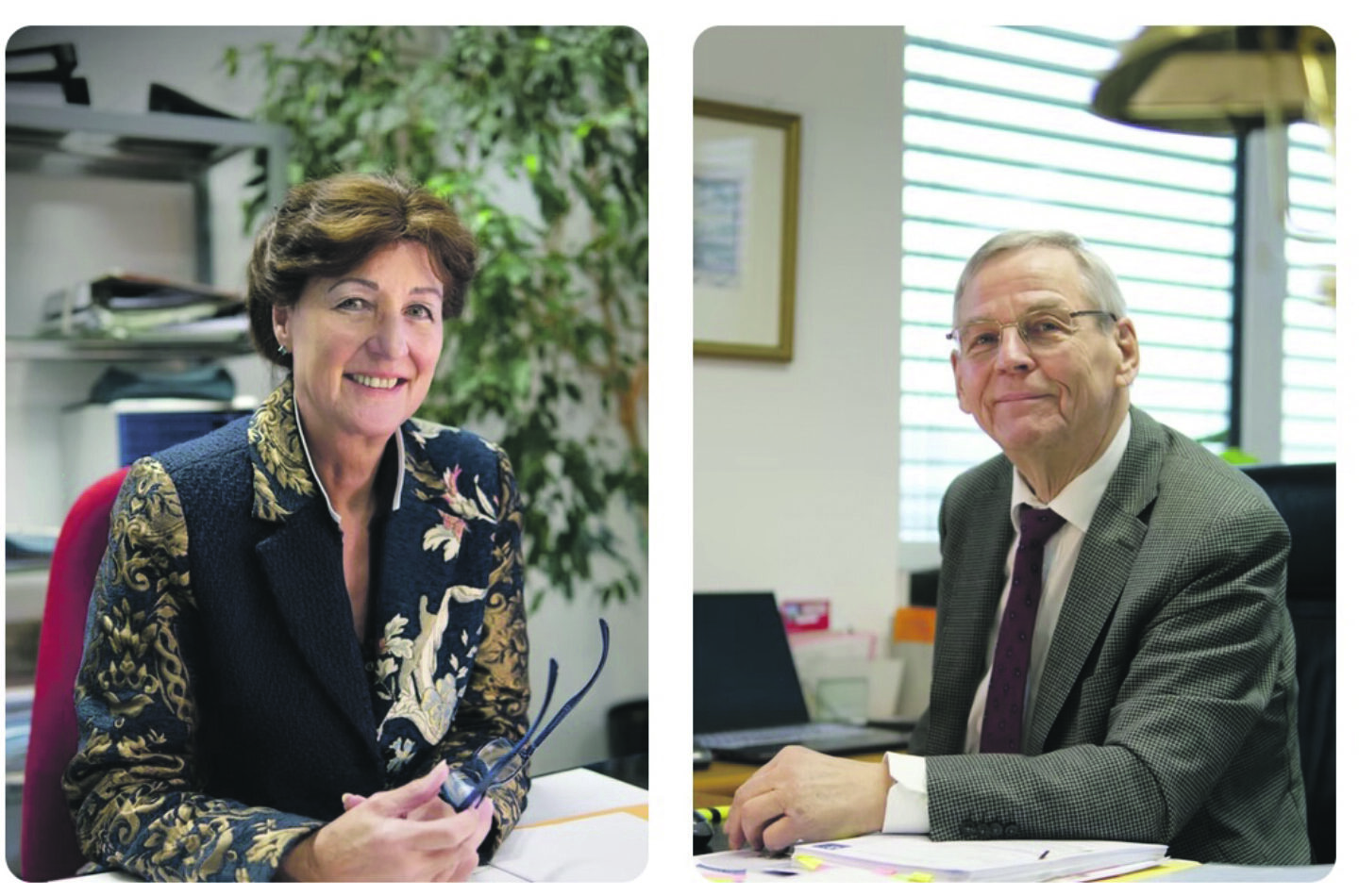 Auf dem Foto sieht man drei Personen, eine Frau und zwei Männer an ihren Schreibtischen