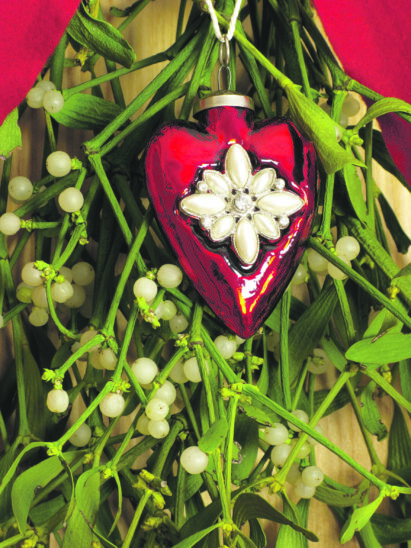 Auf dem Foto sieht man einen Mistelzweig mit rotem Dekoherz