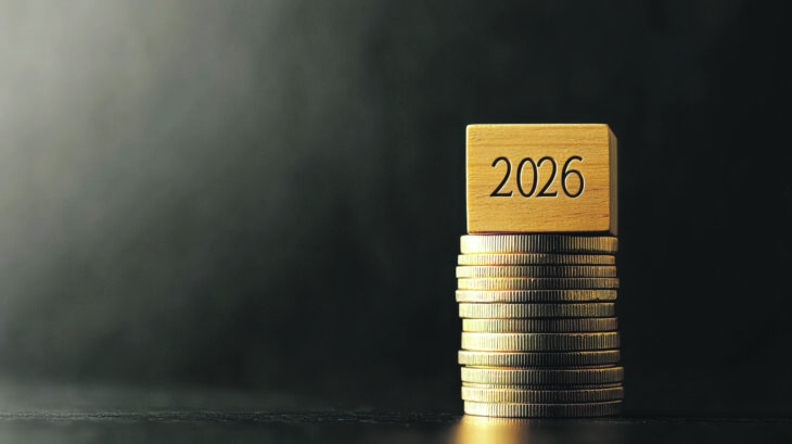 Geldmünzen-Stapel mit Jahreszahl 2026