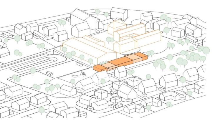 Der ebenbürtige Neubau (Orange) soll im Anschluss an das bestehende Schulgebäude errichtet werden.