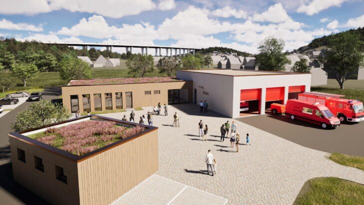 Das neue Feuerwehrhaus in Rieden wird aus drei abgegrenzten Bereichen bestehen: im Osten die Fahrzeughallen, im Norden der Umkleide- und Sanitärbereich sowie im Westen ein Veranstaltungsraum für bis zu 100 Personen.
