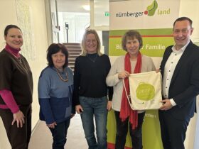 Gleichstellungsbeauftragte Anja Wirkner, Kreisrätin Margit Kiessling, Leiterin des Bündnisses für Familie Annette Zimmermann, Kreisrätin Betty Schmidt und Landrat Armin Kroder.