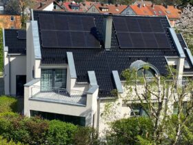 Hausdach mit ein paar Sträuchern im Vordergrund