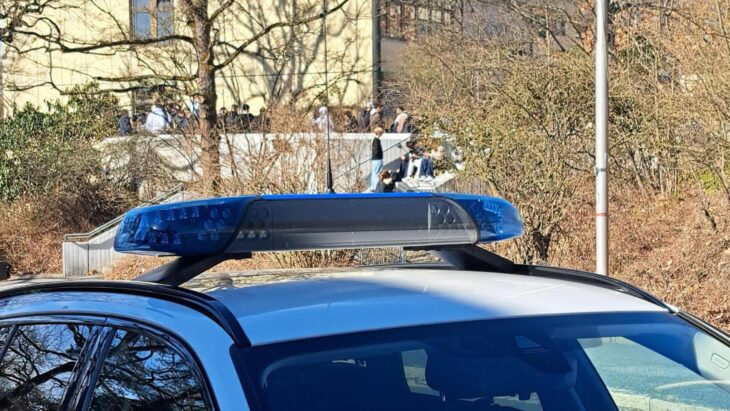 Zahlreiche Schüler hielten sich rund um das Gebäude auf, während dieses abgesucht wurde.