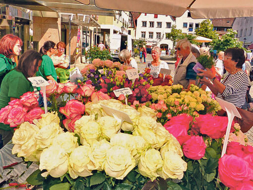 Rosen auf einer Verkaufsfläche; mehrere Menschen