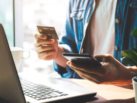 Men use their credit cards through mobile internet banking apps to shop online and digital payment ideas.