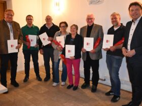 Aus dem Schwaiger Gemeinderat verabschiedet wurden Thomas Noß, Bernhard Winter, Frank Riedel, Alexandra Sopp, Karola Hagen-Brosche, Walter Neumann und Benjamin Stockmayer (von links). Rechts Bürgermeister Wittmann.